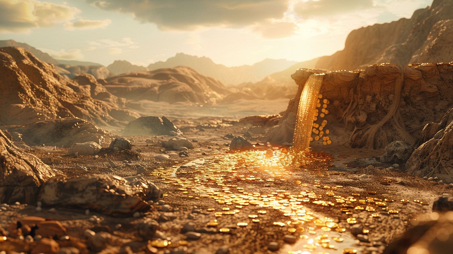 small waterfall of golden coins, post-apocalyptic desert, skelletons, drought