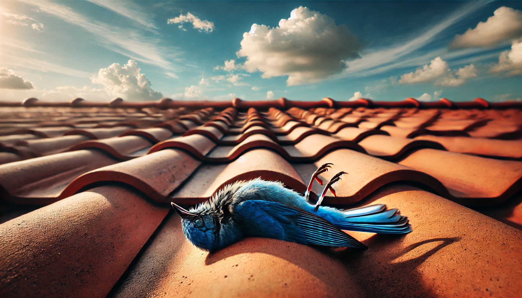 Dead blue Bird on a Rooftop under a blue sky